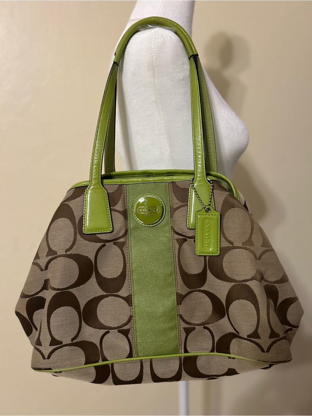 Vintage Coach Brown Signature Canvas Shoulder Bag with Green Trim
